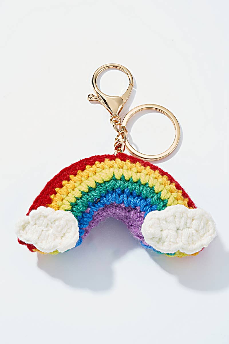 Gehäkelter Regenbogen-Taschenanhänger und Schlüsselanhänger